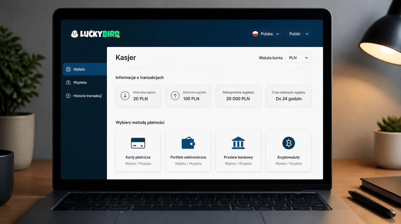 Panel kasyna z etapami rejestracji, weryfikacji dokumentów i wyboru metody wpłaty